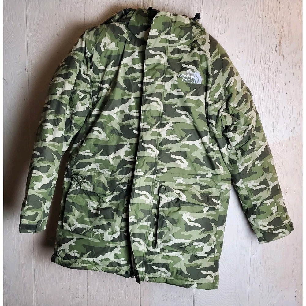 THE NORTH FACE Goose Down Jacket Small Green Camo Hyvent Fur Hood T209 T609